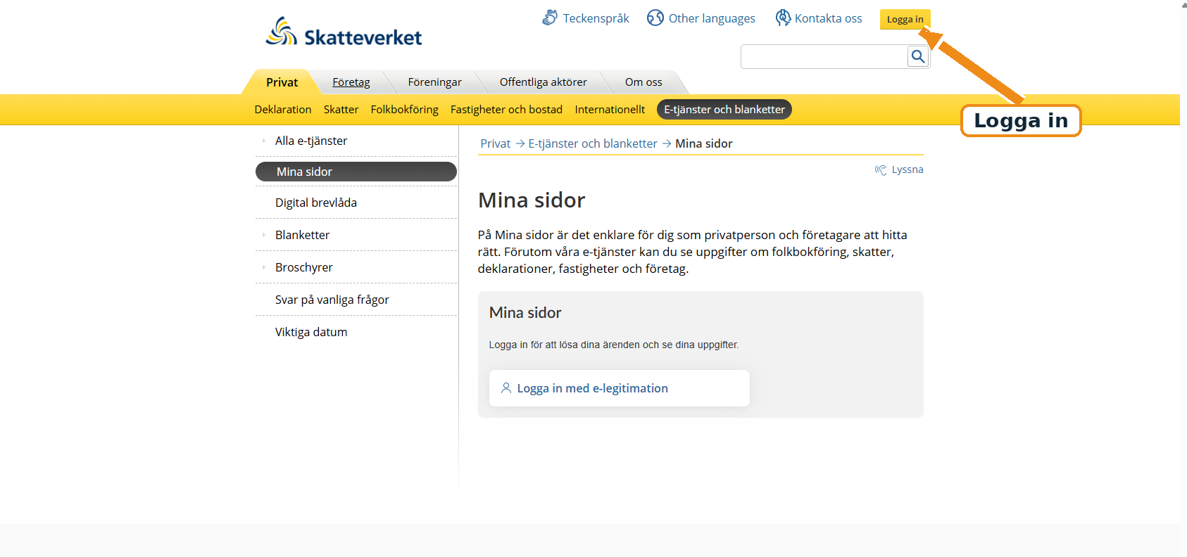 Exempel på inloggning hos Skatteverket