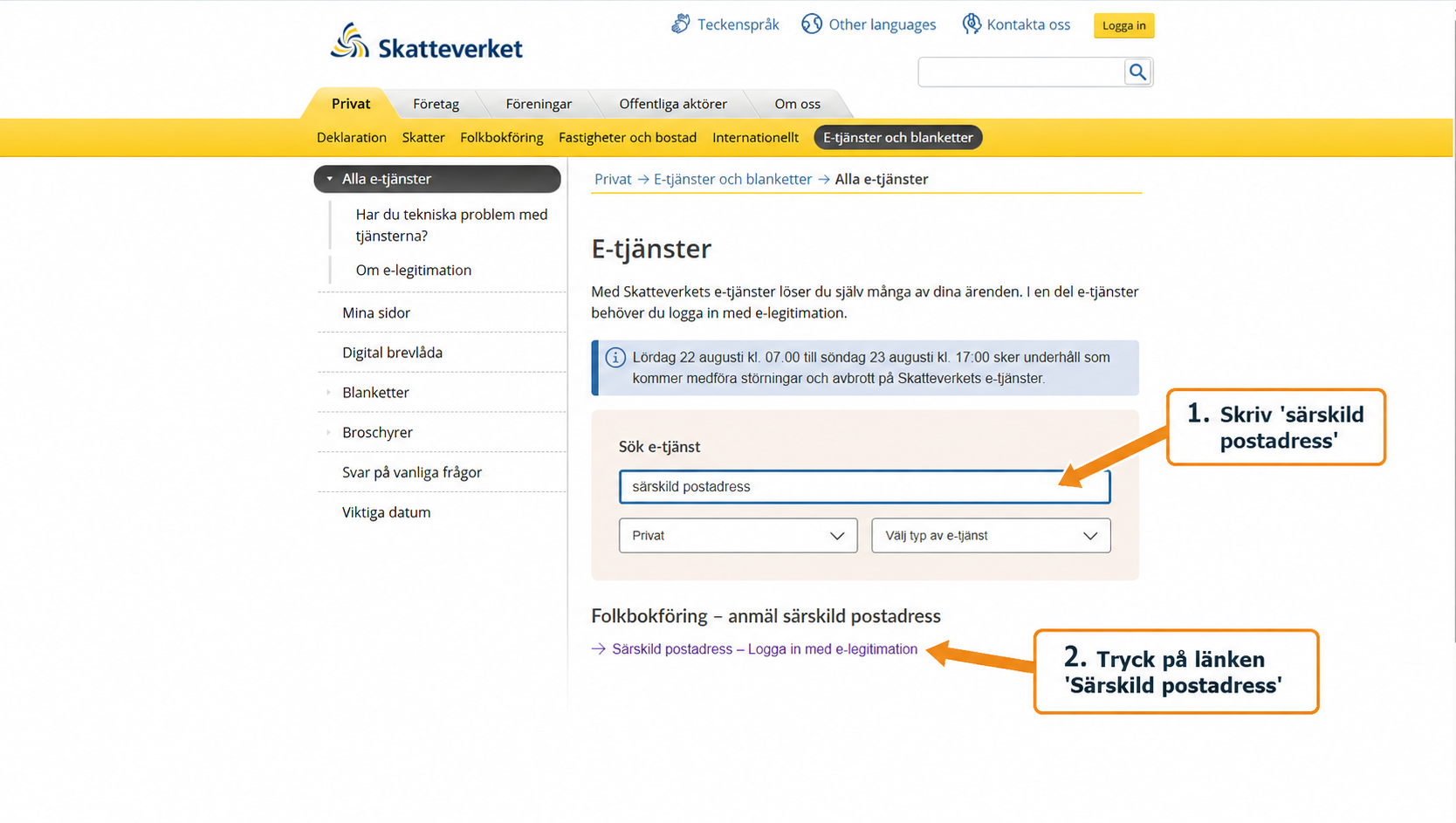 Sök efter särskild postadress